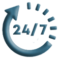 A blue circle depicting a clock with a clockwise arrow and the text 24/7 inside.