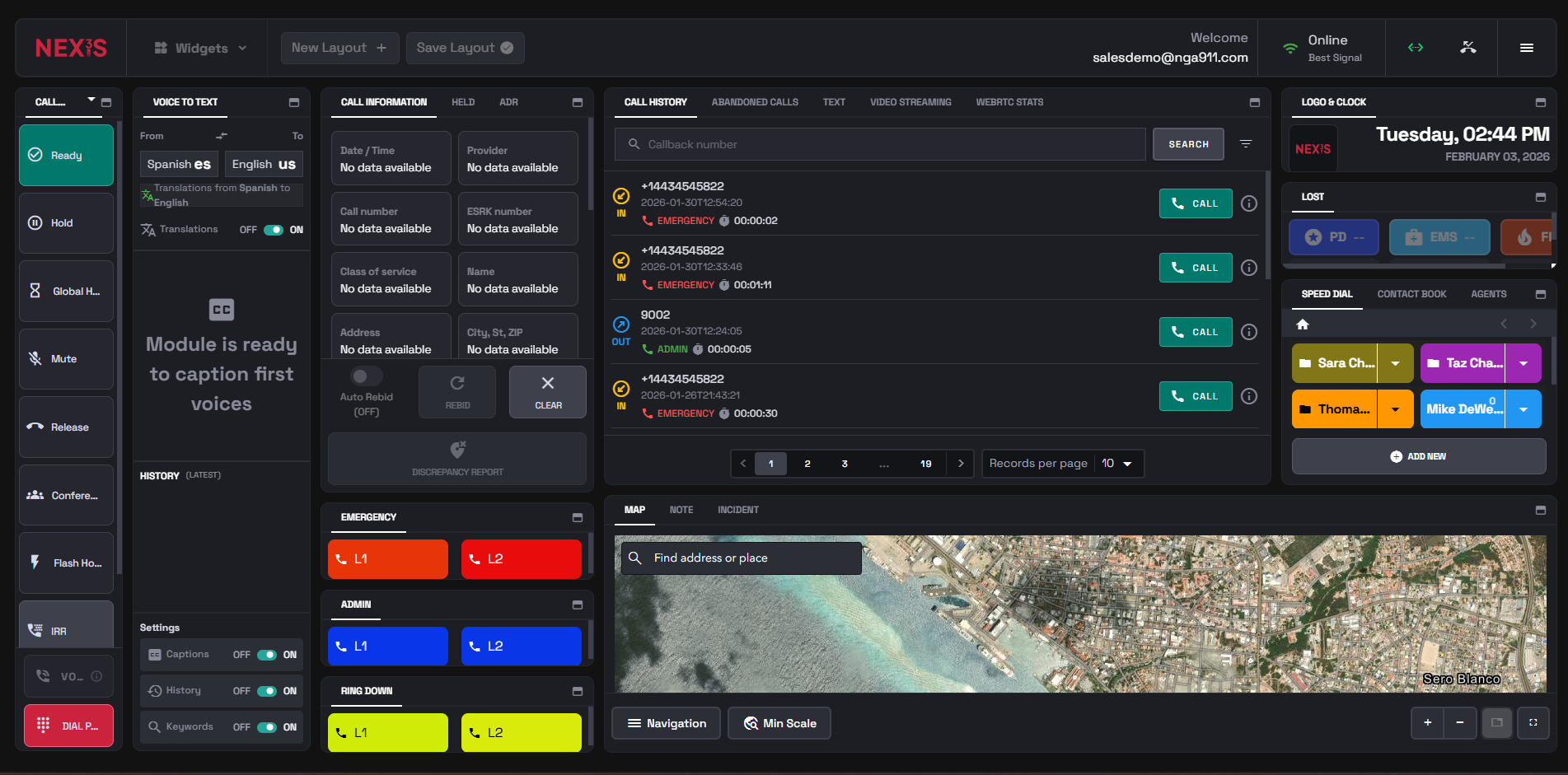 NEXiS interface showing emergency call dashboard